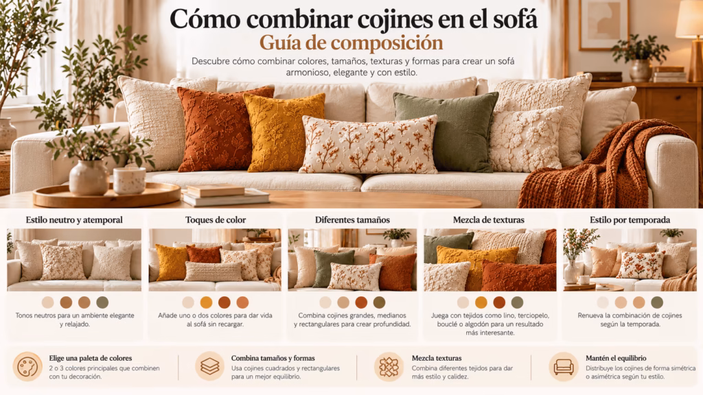 Cómo combinar cojines en el sofá con diferentes colores, tamaños y texturas